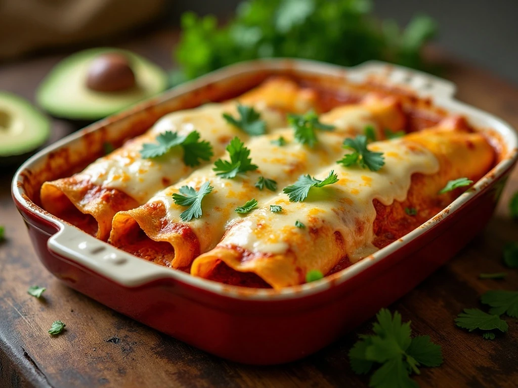 Baked leftover turkey enchiladas topped with melted cheese and fresh garnishes