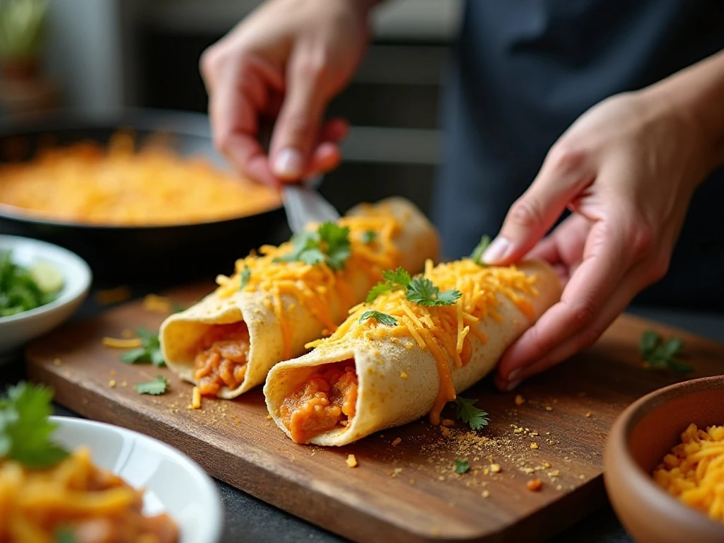 Preparing seasoned turkey filling and rolling corn tortillas for enchiladas