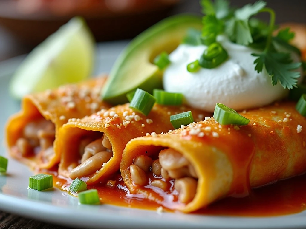 Turkey enchilada serving with sour cream avocado cilantro and lime