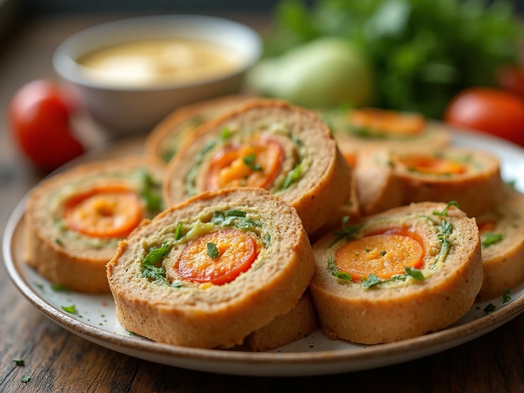 Platter of turkey hummus pinwheel appetizers ready to serve