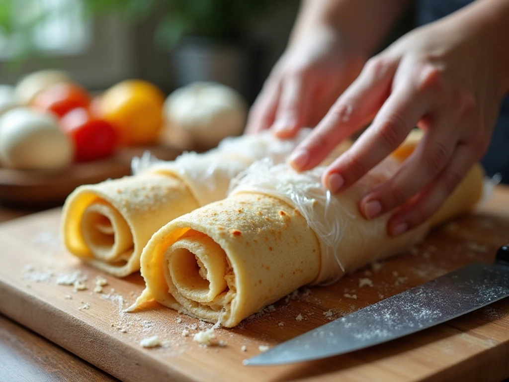 Chilled tortilla rolls ready for clean slicing