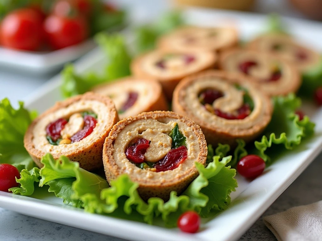 Close-up of colorful turkey hummus pinwheels on a party platter