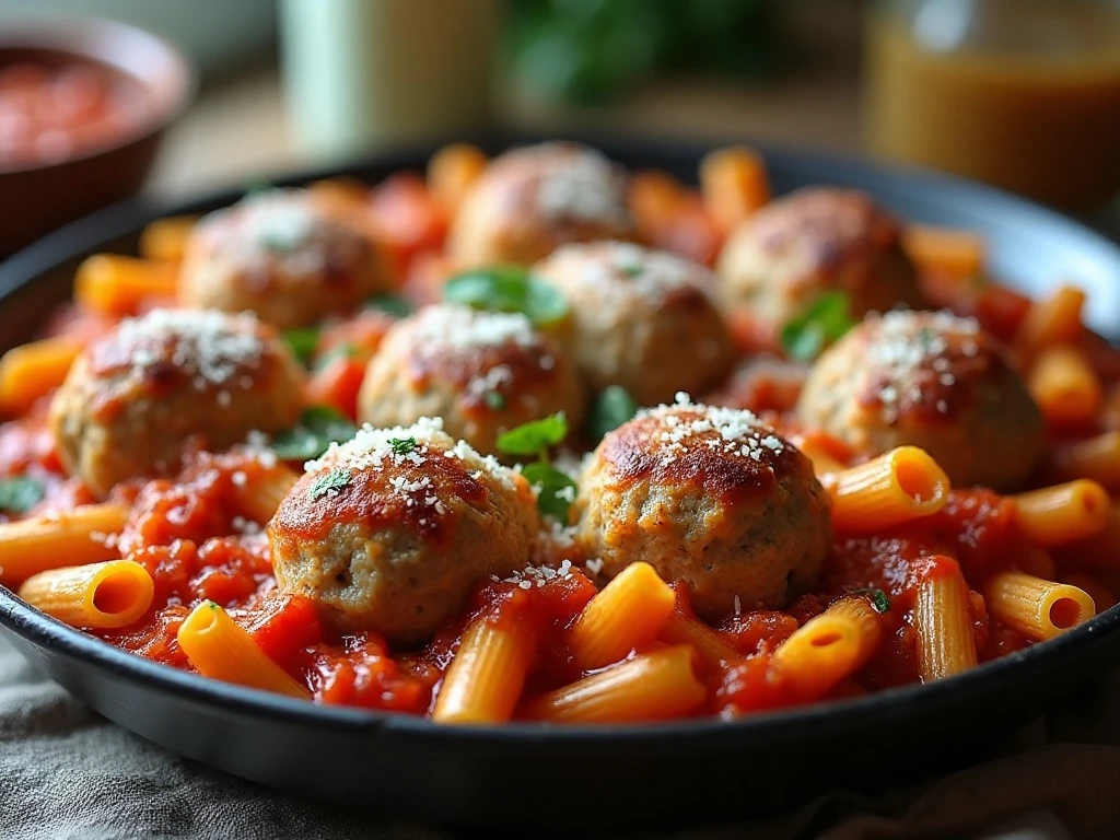 Bubbling turkey meatball casserole with pasta, marinara, and melted mozzarella