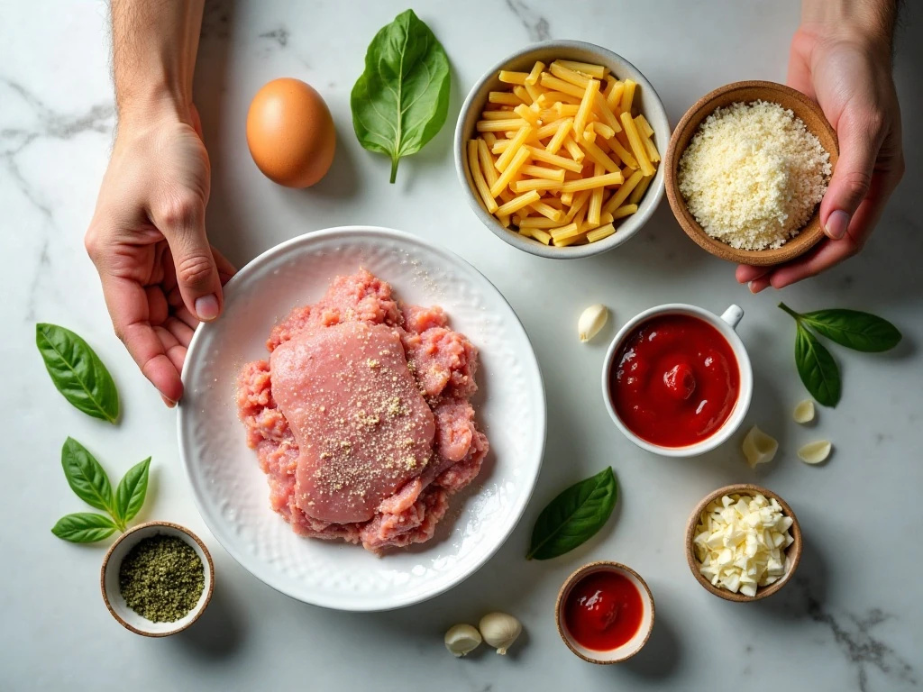 Ingredients for homemade turkey meatball casserole arranged on a counter