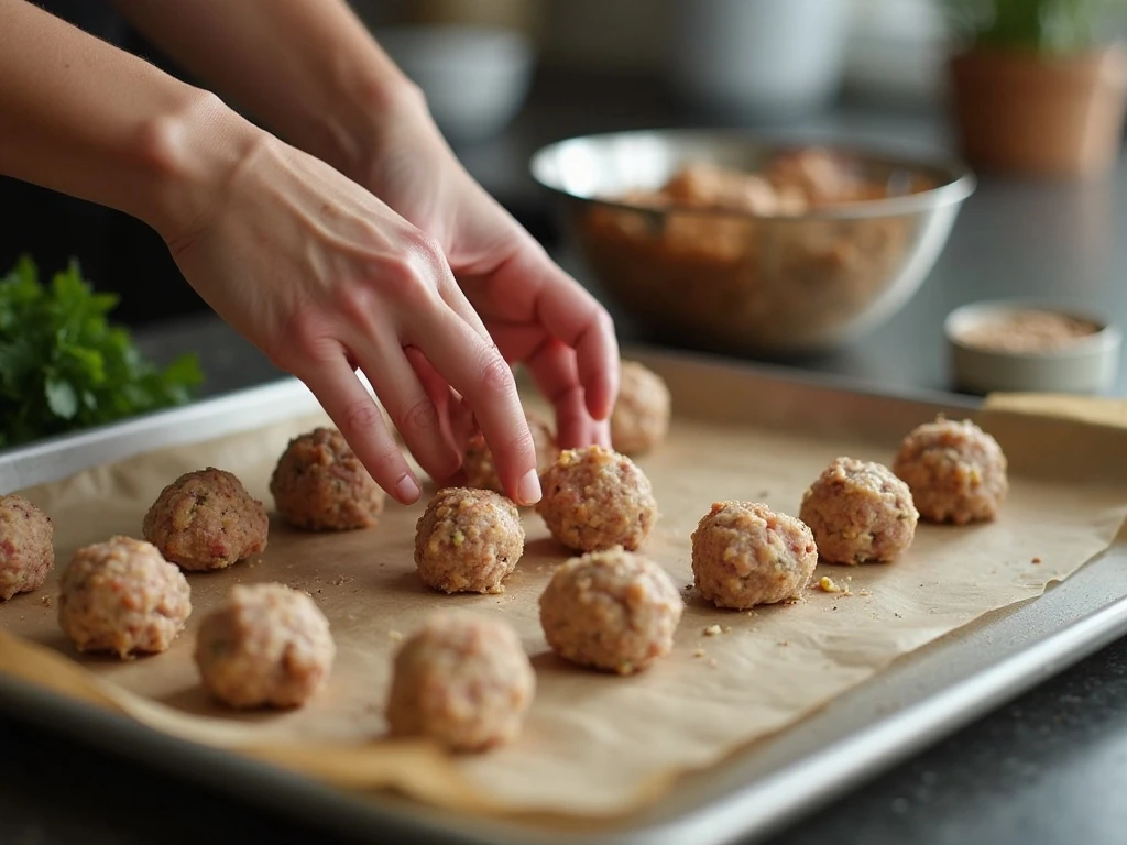 Shaping turkey meatballs for the casserole