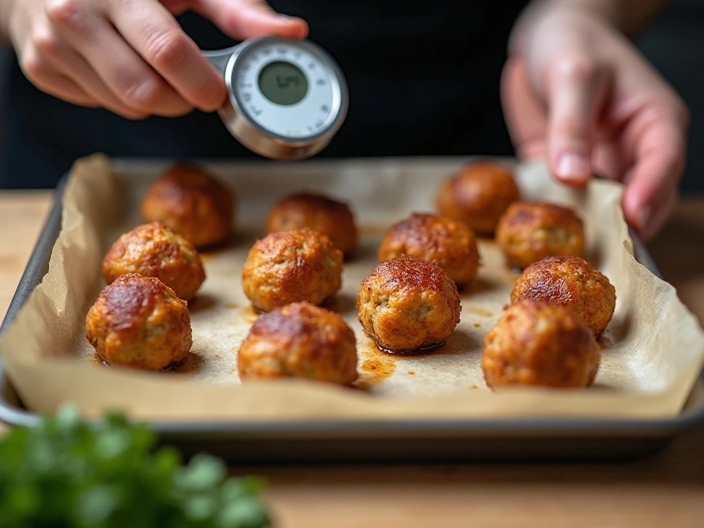 Baked turkey meatballs checked for doneness