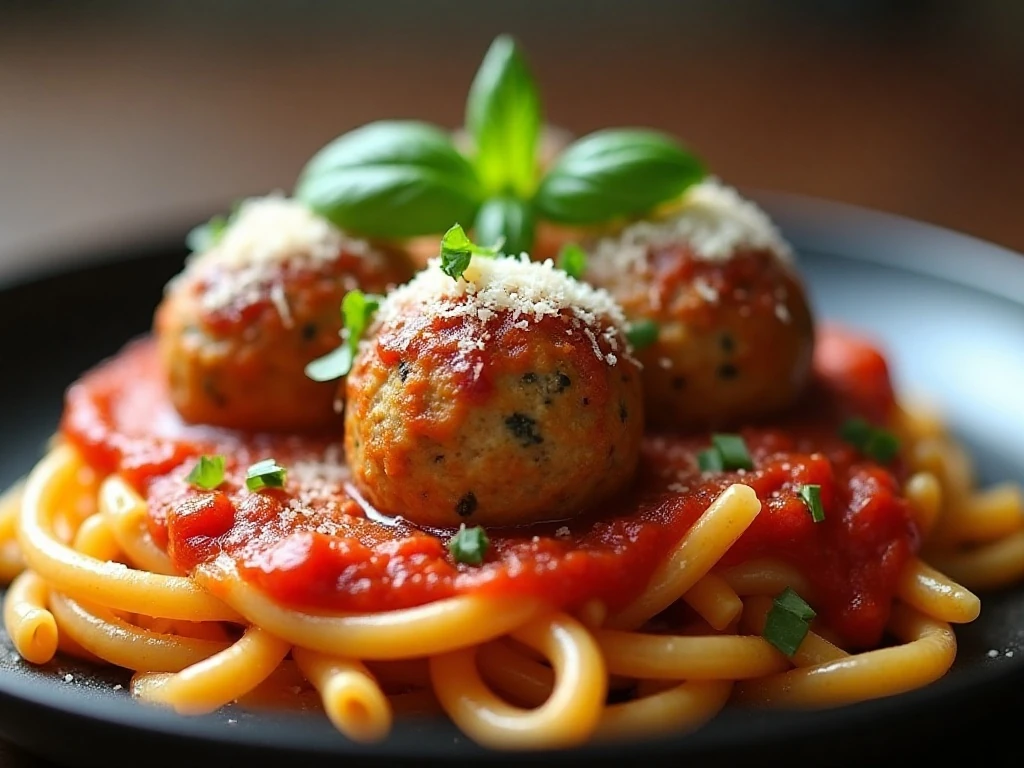 Turkey meatball casserole serving topped with basil and Parmesan