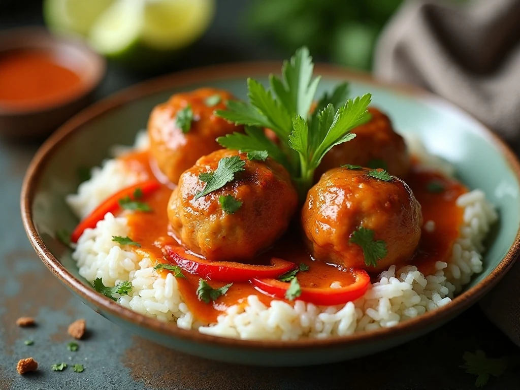Turkey meatballs served in creamy red curry sauce over jasmine rice