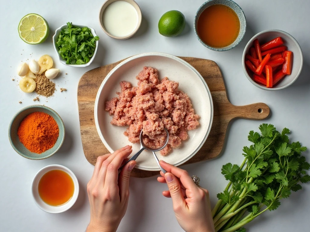 Ingredients for turkey meatballs with red curry sauce