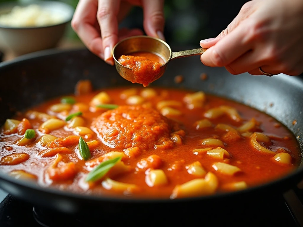 Frying Thai red curry paste with aromatics