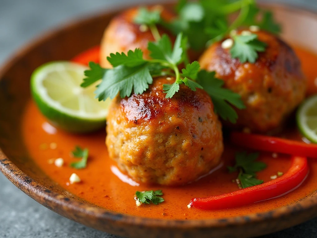 Close-up of garnished turkey meatballs with red curry sauce