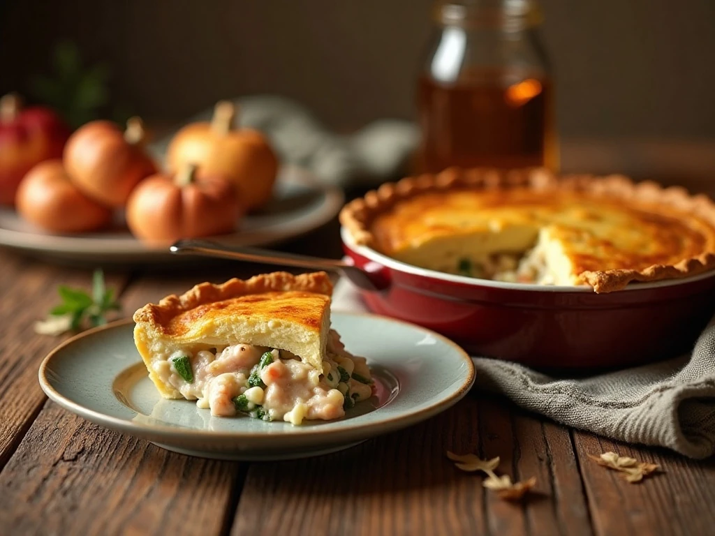 Golden homemade turkey pot pie served with a slice showing creamy turkey filling
