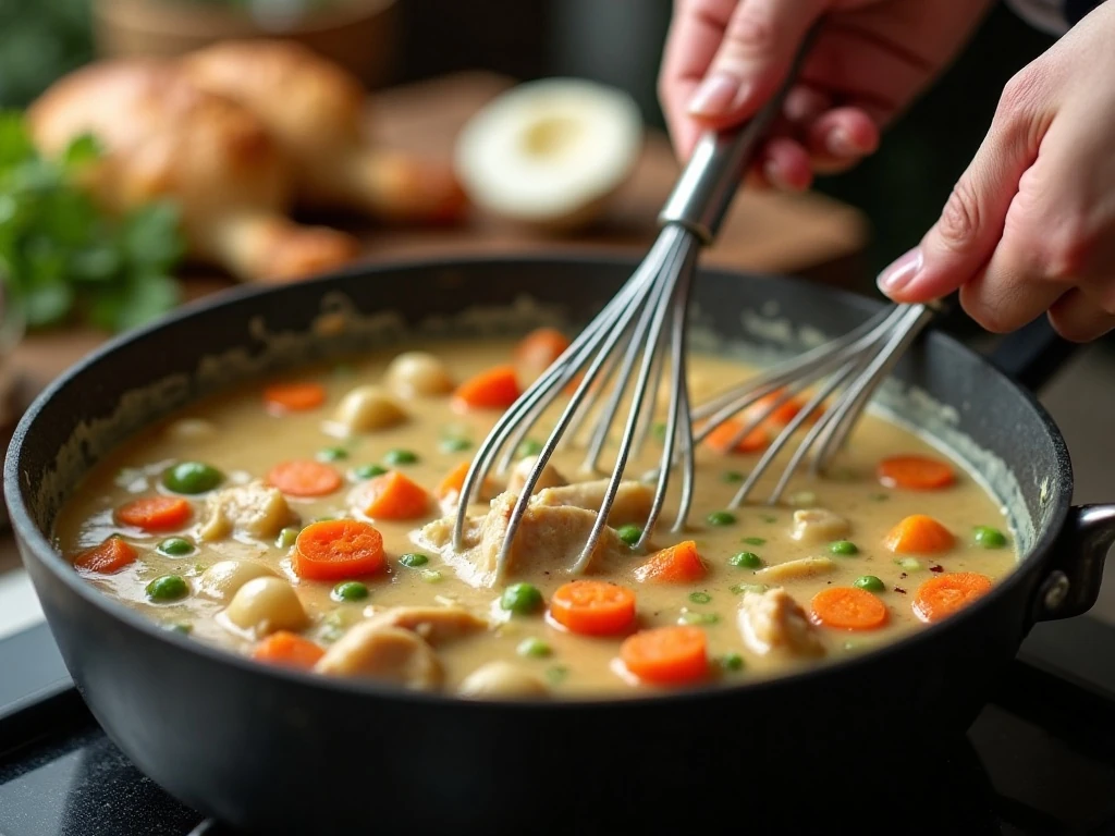 Preparing the creamy vegetable and turkey filling for pot pie