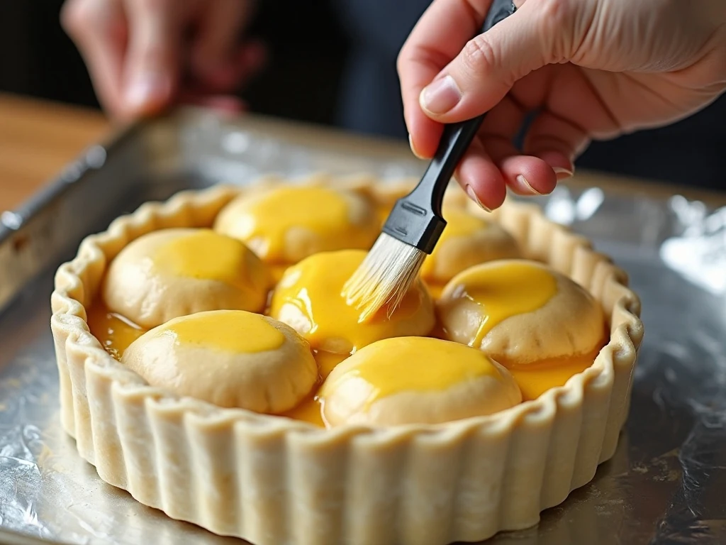Brushing egg wash over the crust of an unbaked turkey pot pie
