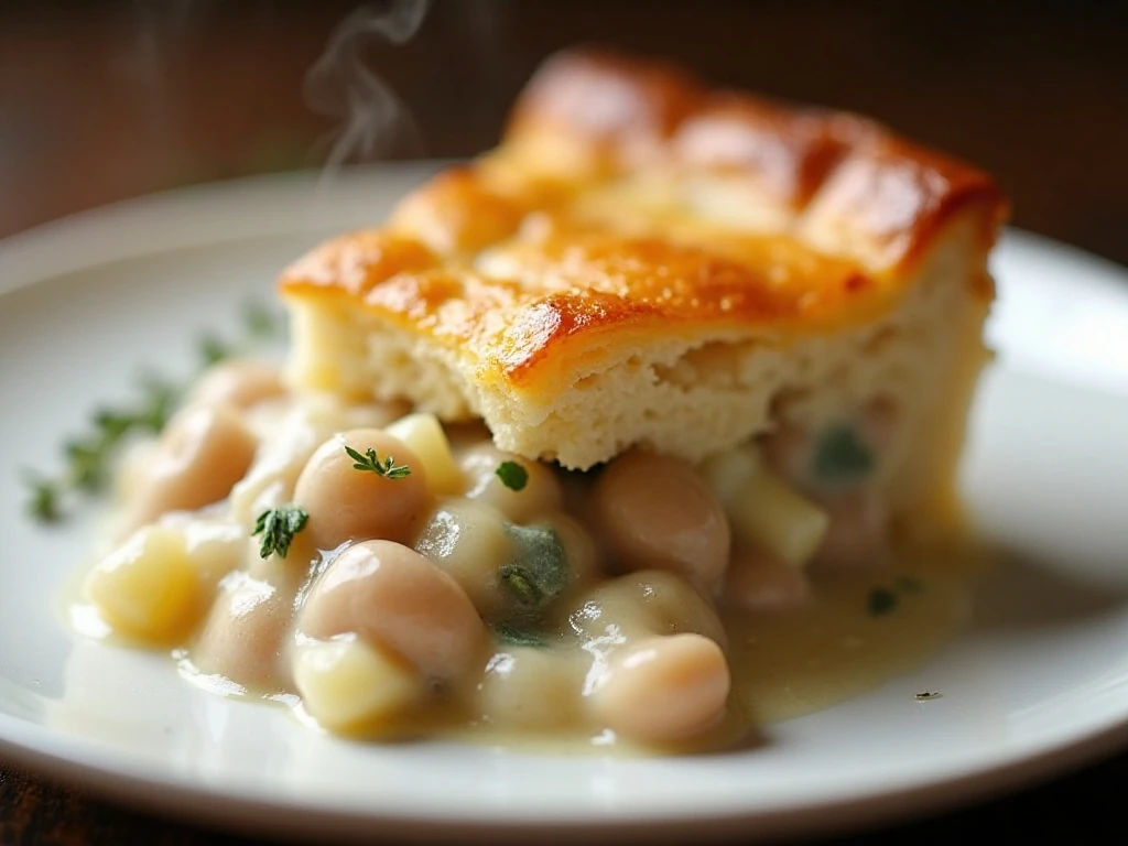 Reheated turkey pot pie slice with flaky crust and creamy filling