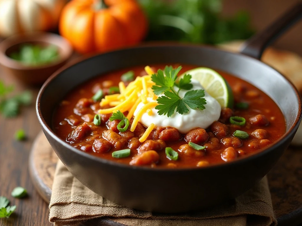 A bowl of hearty turkey pumpkin chili with colorful toppings