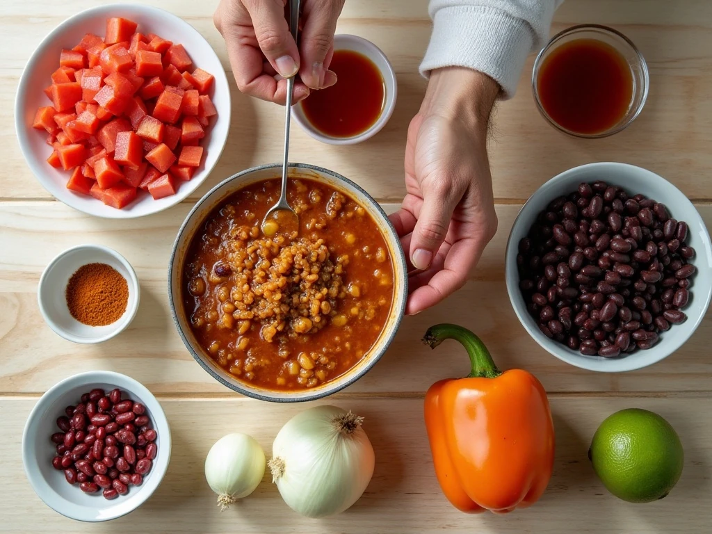 Ingredients for turkey pumpkin chili arranged for cooking