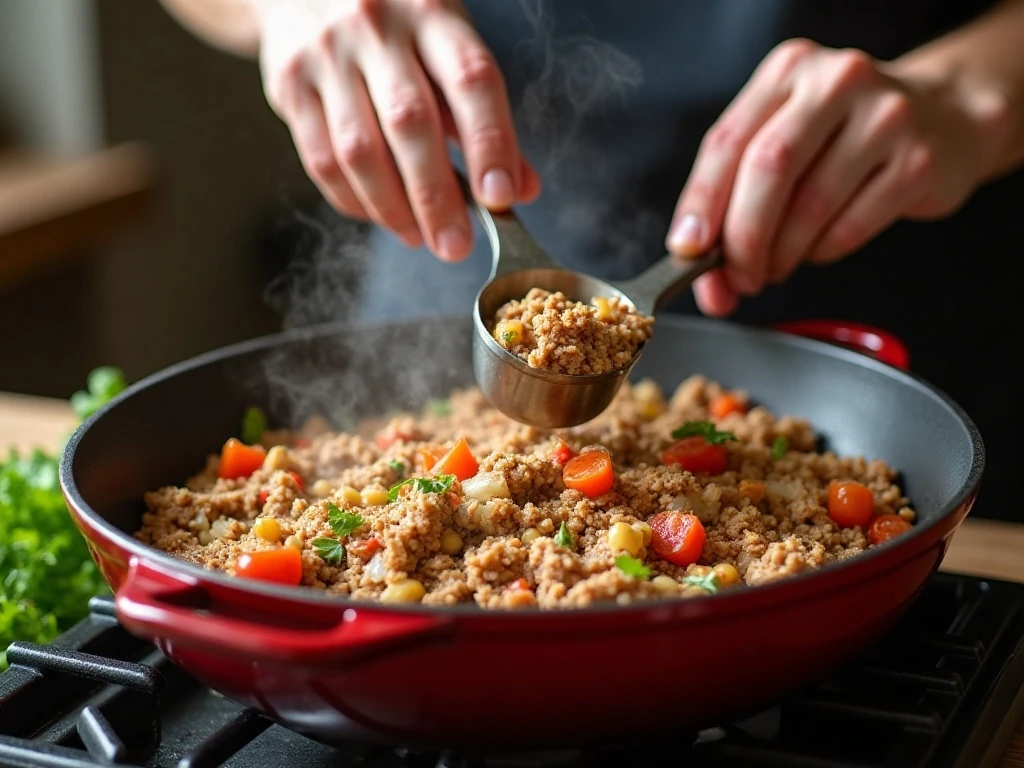 Cooking turkey and vegetables with spices for pumpkin chili