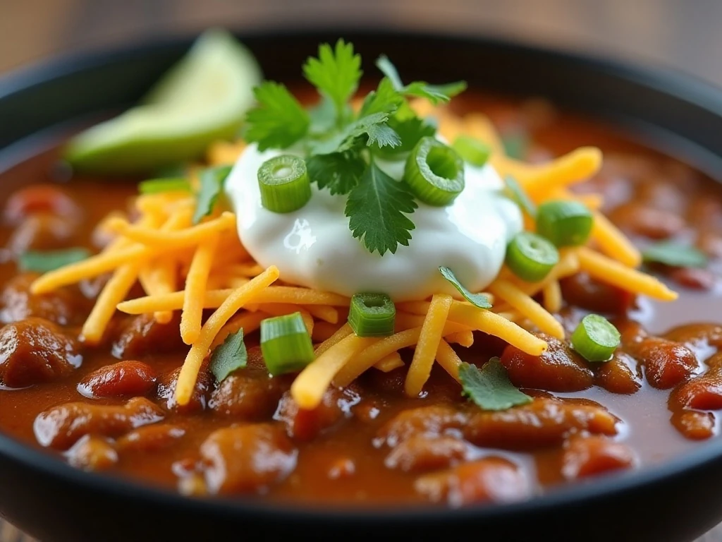 Close-up of garnished turkey pumpkin chili ready to serve
