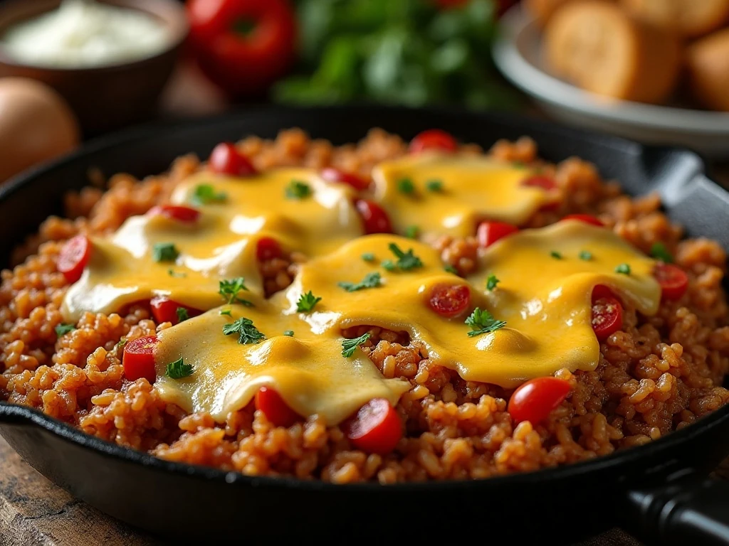 Hearty turkey skillet dinner with tomato rice, vegetables, and melted cheddar