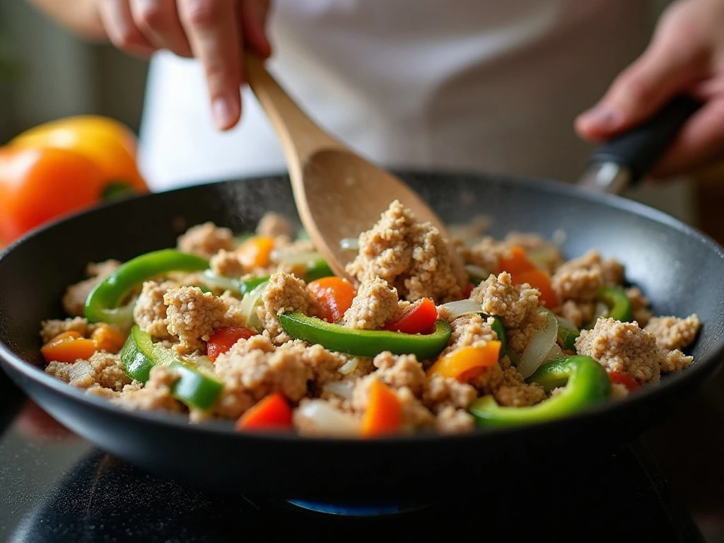 Cooking ground turkey with onion and bell pepper in a skillet
