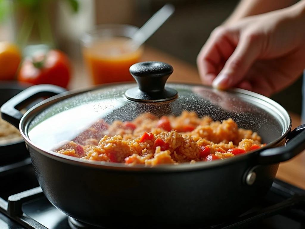 Covered skillet simmering tomato rice and turkey