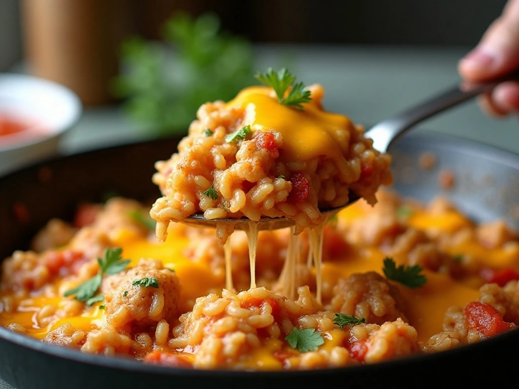 Close-up serving of cheesy turkey skillet dinner