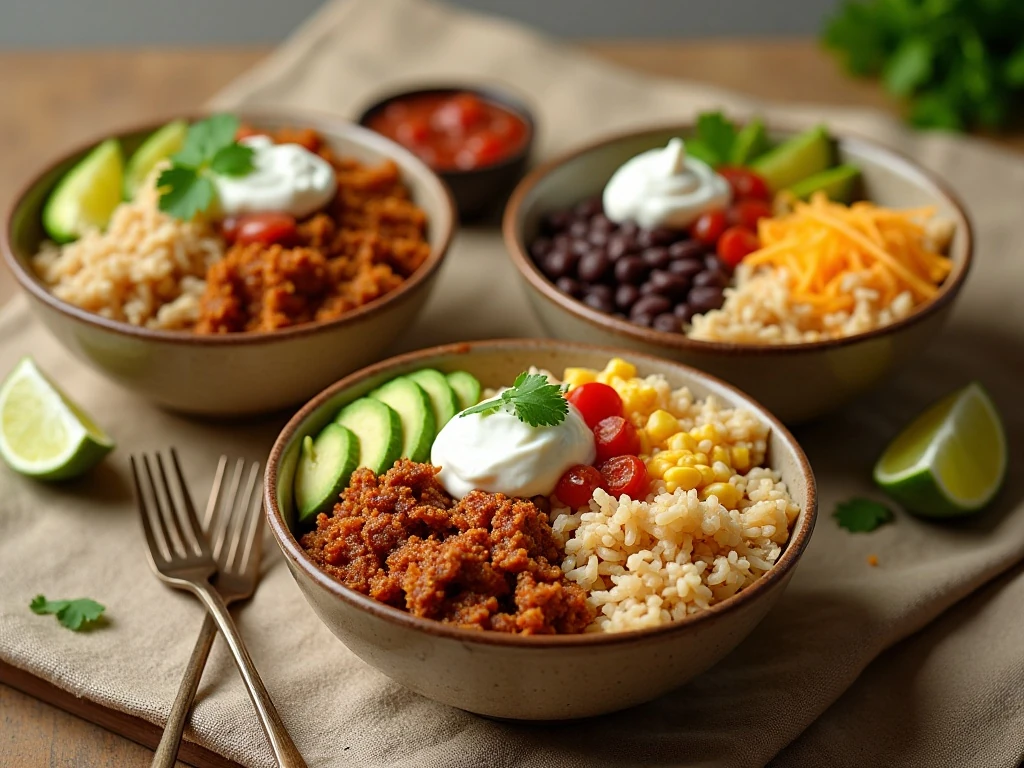 Turkey taco burrito bowls with rice, seasoned turkey, beans, corn, avocado, and lime