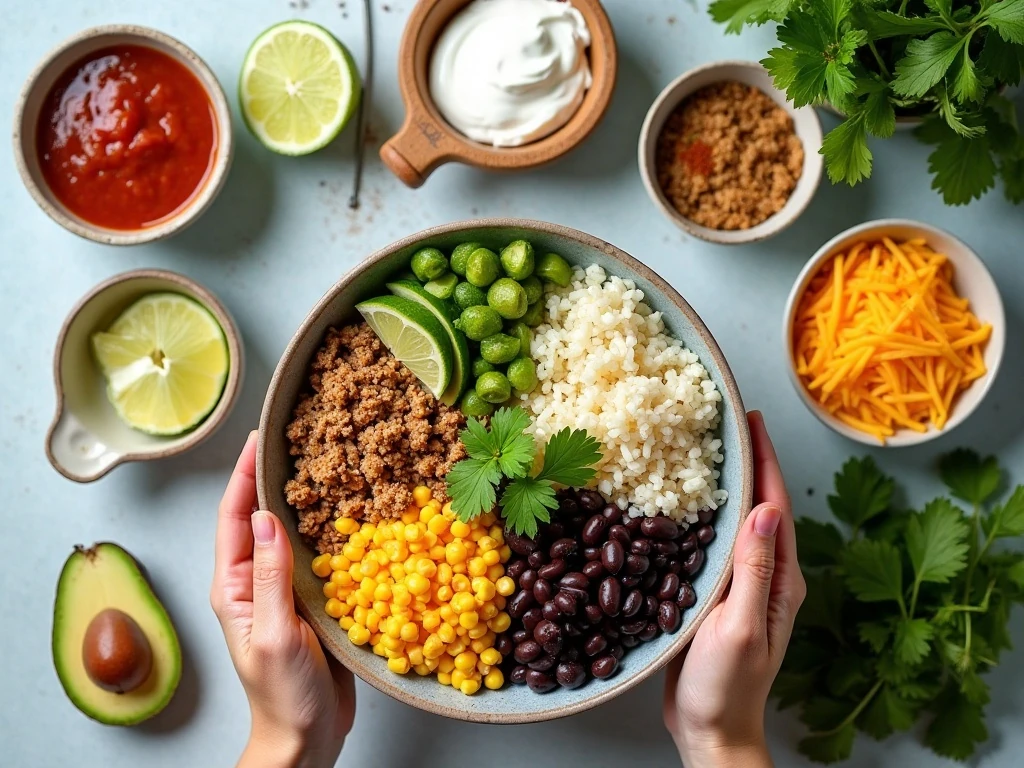 Ingredients for turkey taco burrito bowls arranged in a flat lay