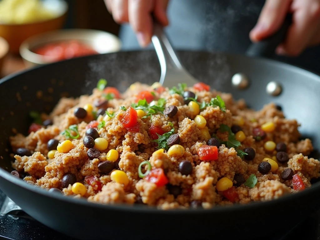 Seasoned turkey filling cooking in a skillet for burrito bowls