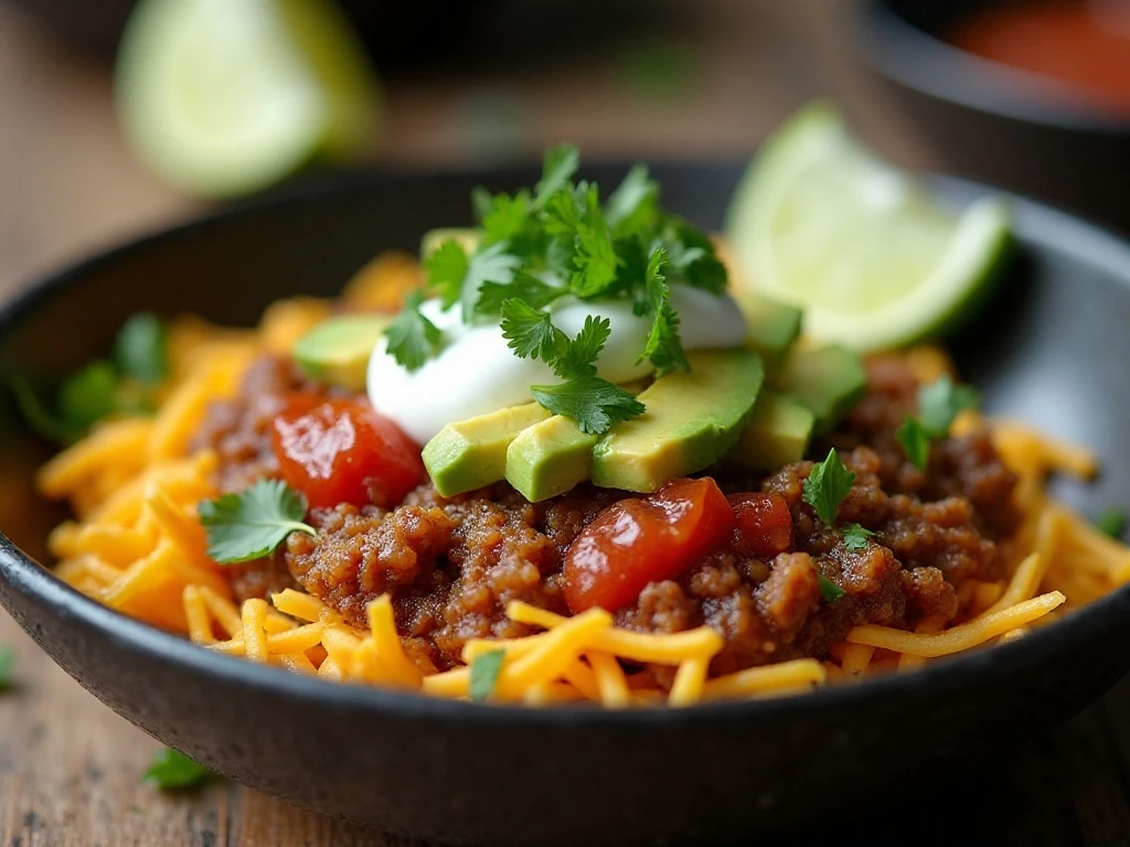 Fresh toppings and lime garnishing a turkey taco bowl