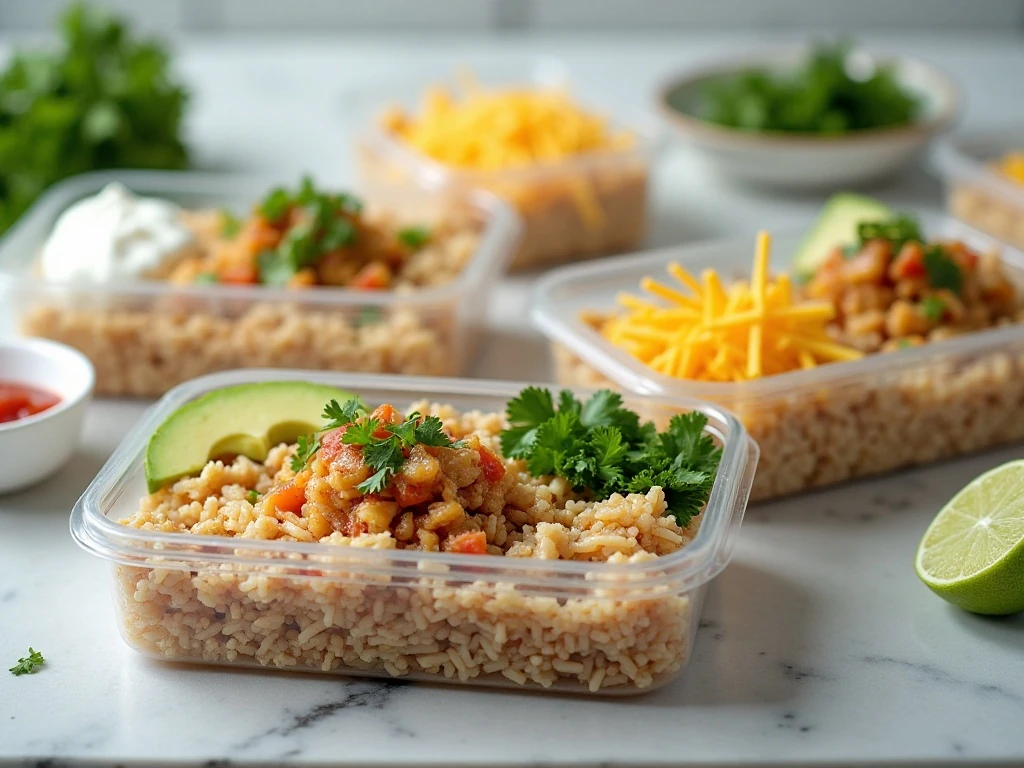 Turkey taco burrito bowl meal prep with toppings stored separately