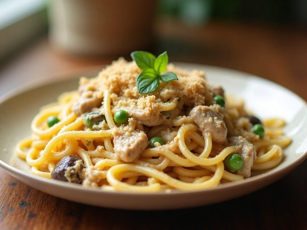 Creamy turkey tetrazzini served on a plate with mushrooms, peas, and golden cheese topping