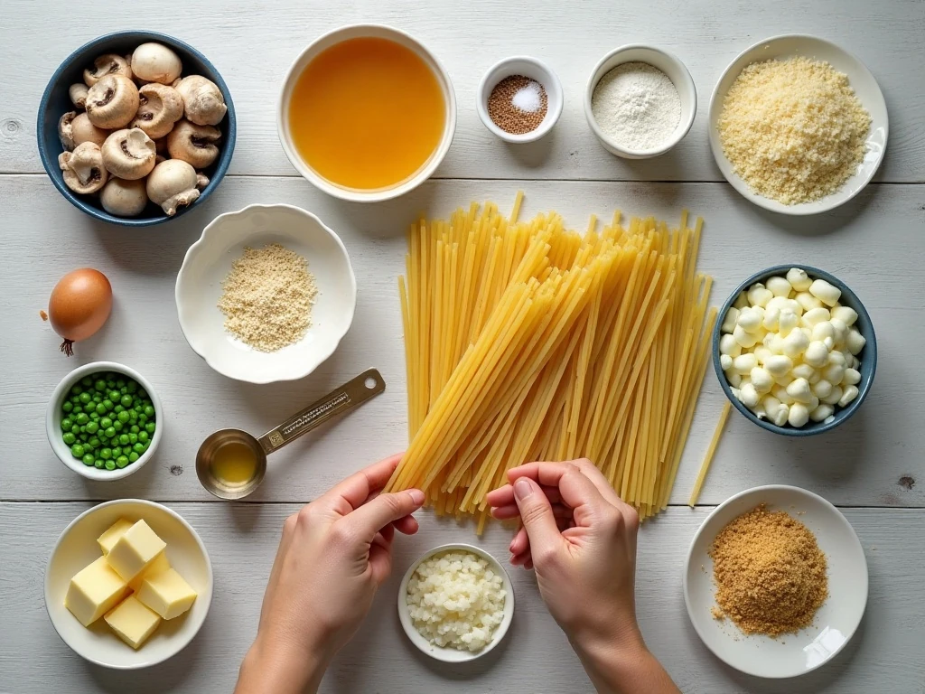 Ingredients for homemade turkey tetrazzini arranged for cooking
