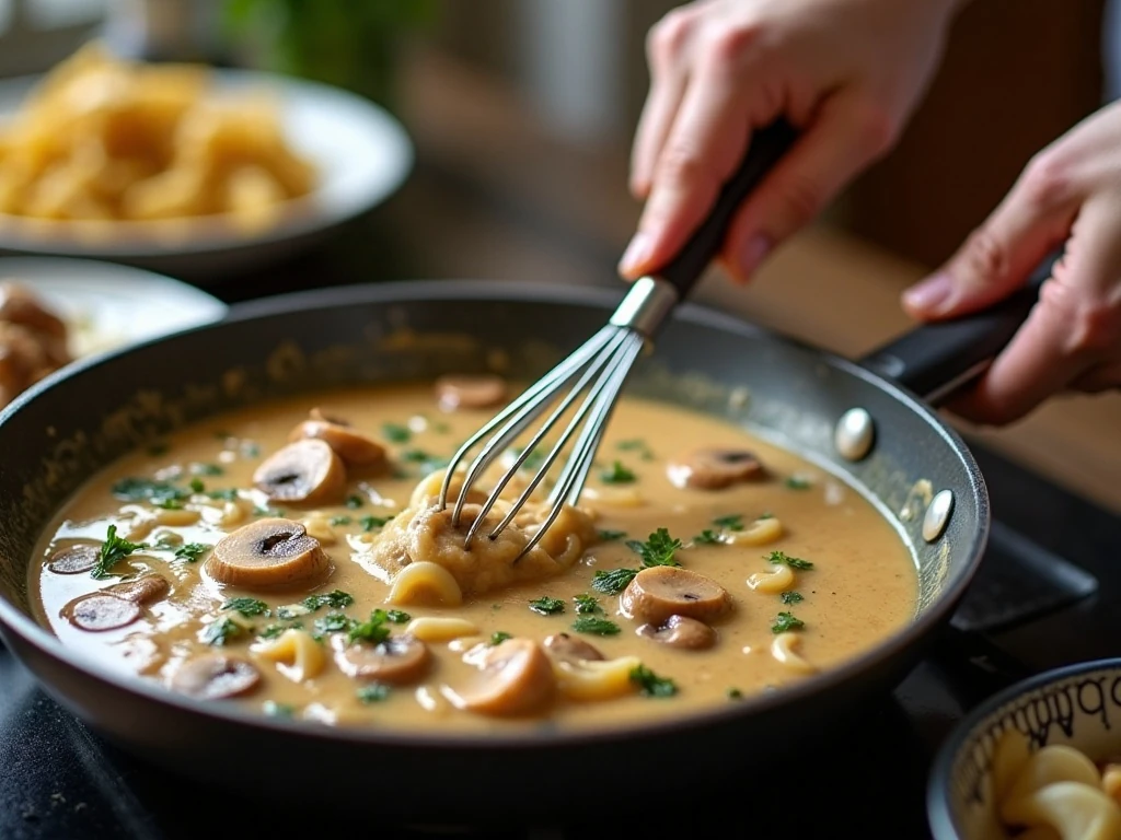Preparing the creamy mushroom sauce for turkey tetrazzini