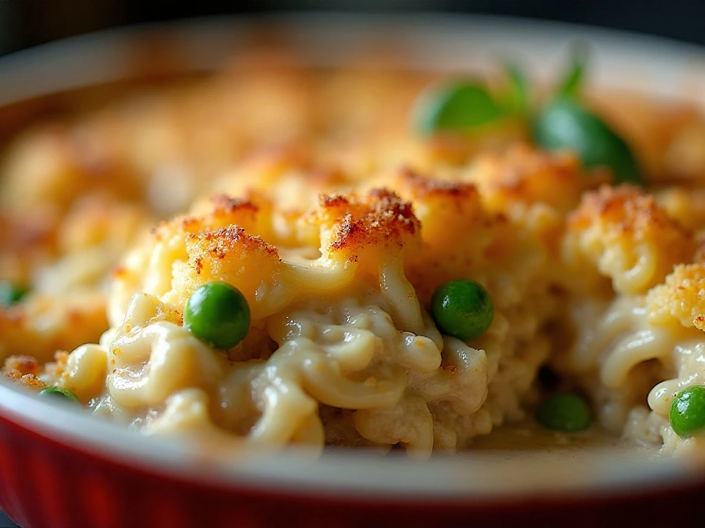 Golden breadcrumb and cheese topping on turkey tetrazzini