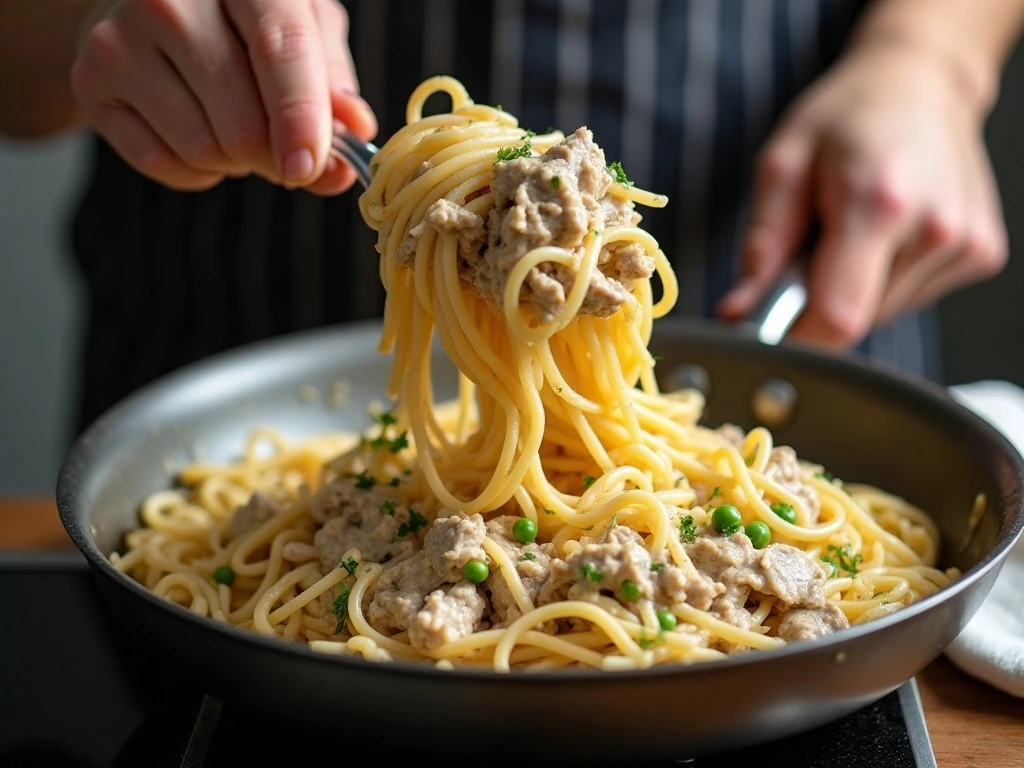 Combining spaghetti, turkey, peas, and sauce for tetrazzini