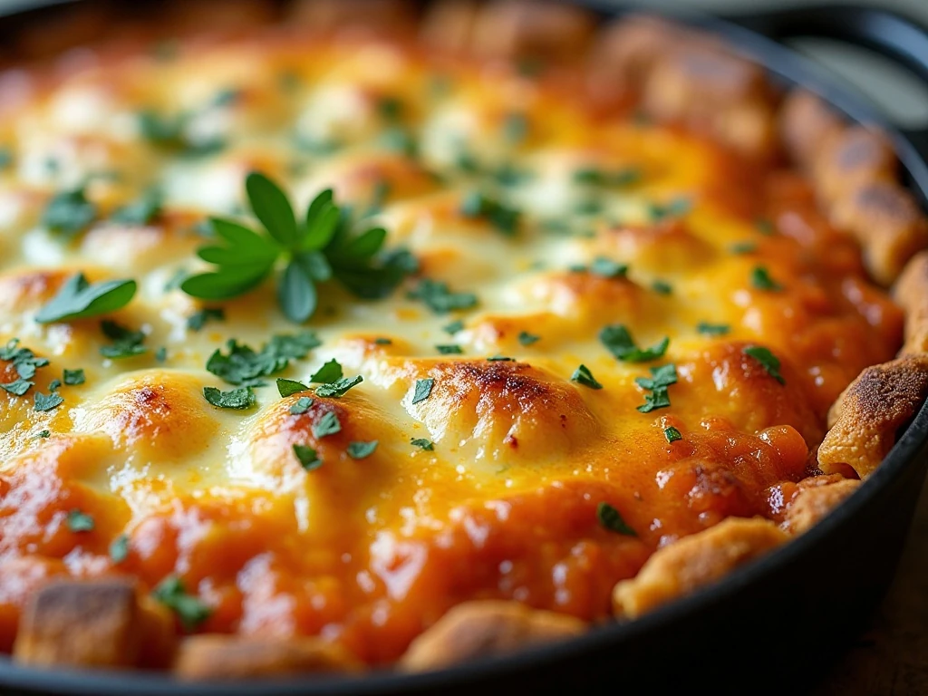 Golden breadcrumb and mozzarella topping on turkey tetrazzini