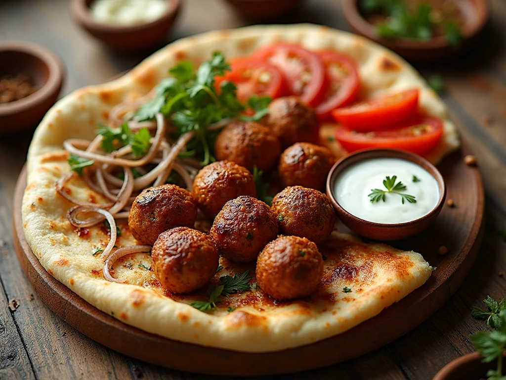 Turkish-style köfte served with flatbread, vegetables, sumac onions, and yogurt sauce