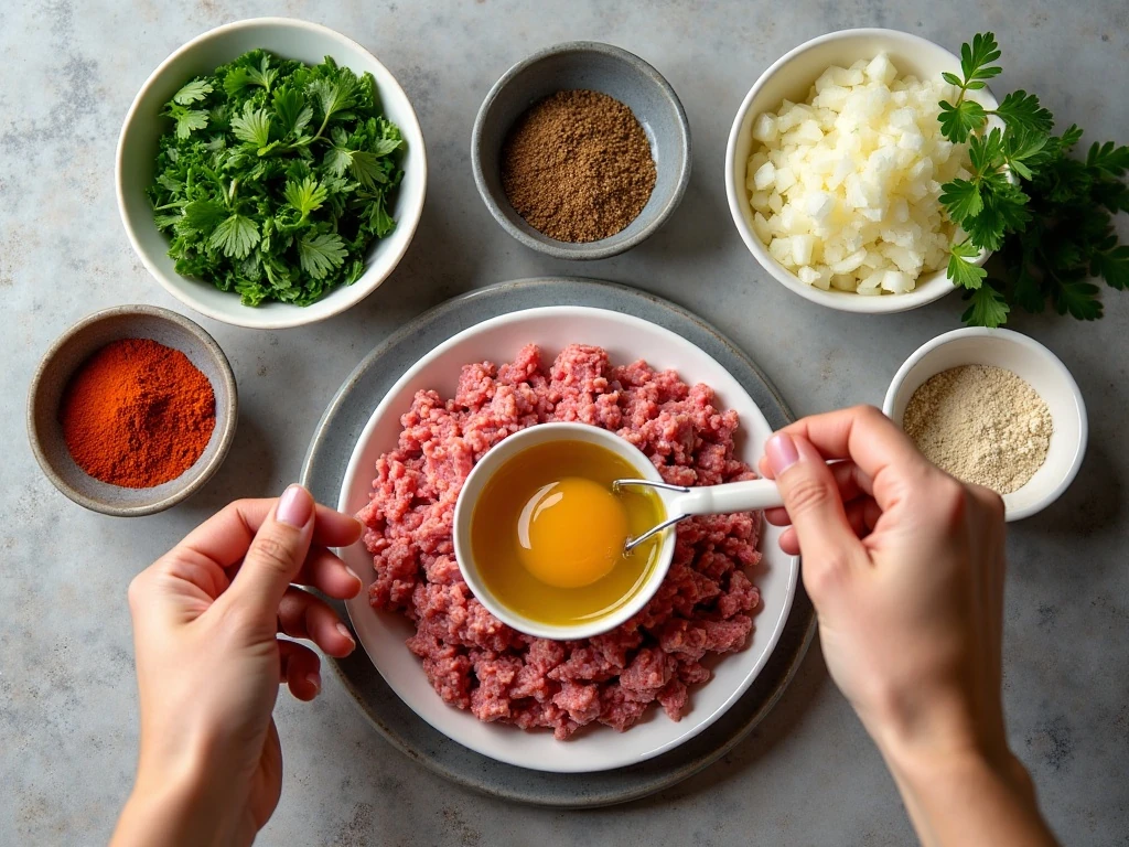 Ingredients for easy Turkish-style meatballs including beef, onion, parsley, cumin, and paprika