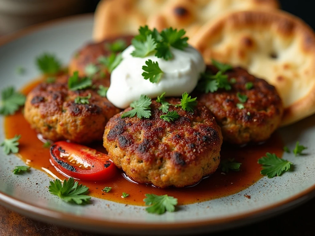 Köfte garnished with parsley and sumac onions alongside yogurt sauce and grilled vegetables