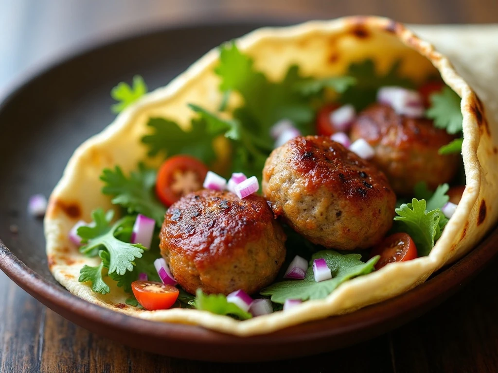 Reheated Turkish köfte served in flatbread with salad and yogurt sauce