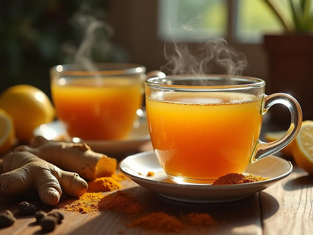 Two cups of homemade turmeric and ginger tea with lemon and honey