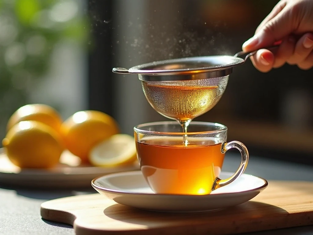 Turmeric and ginger tea being strained into a cup