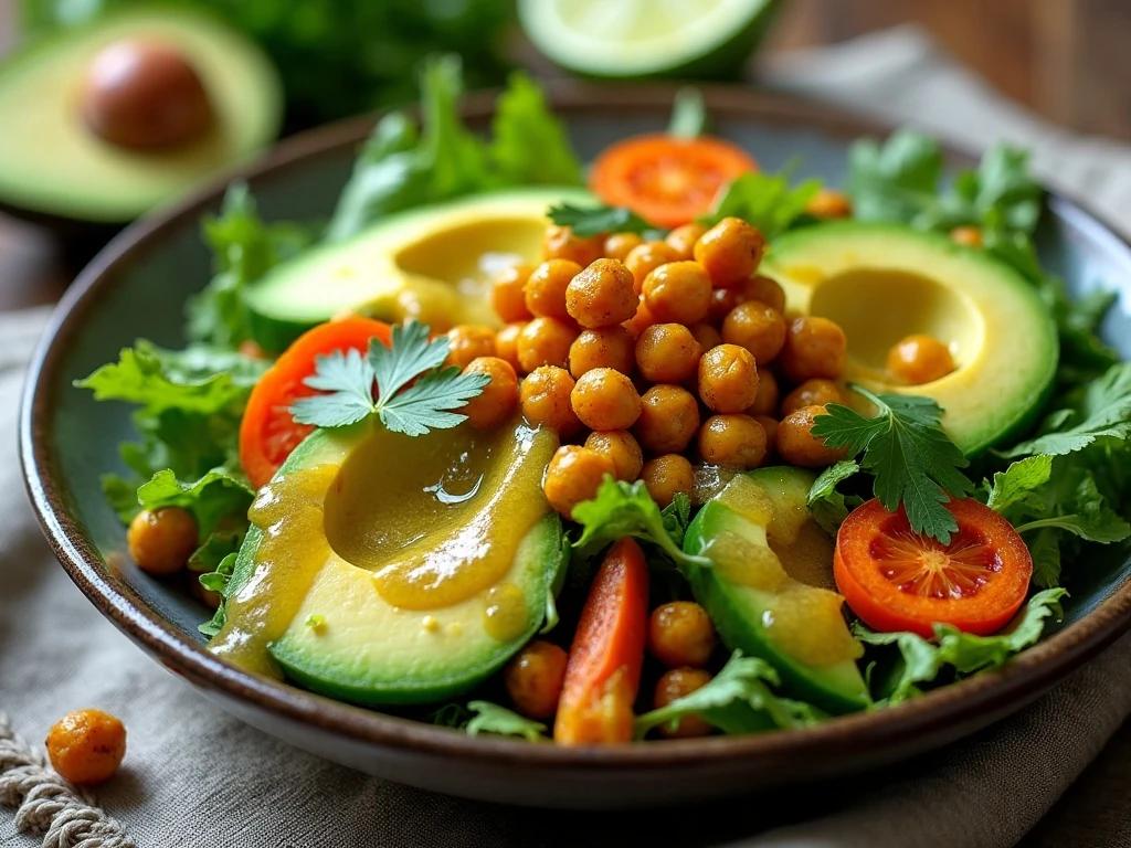 Green salad dressed with zesty turmeric cilantro vinaigrette