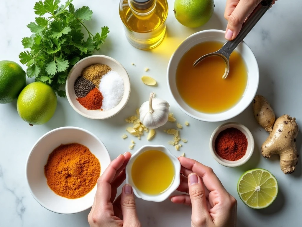 Ingredients for turmeric cilantro vinaigrette arranged for preparation