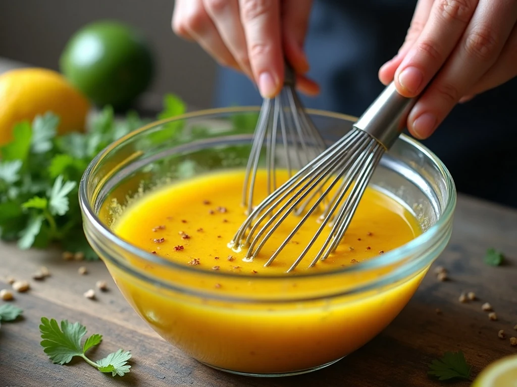 Whisking olive oil into turmeric cilantro vinaigrette