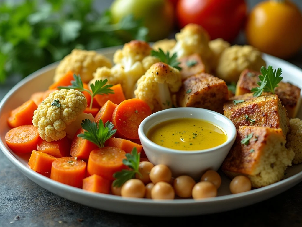 Turmeric cilantro vinaigrette served with roasted vegetables and grain bowl ingredients