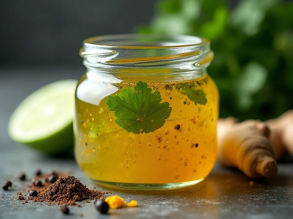 Close-up of cilantro and spices in golden turmeric vinaigrette