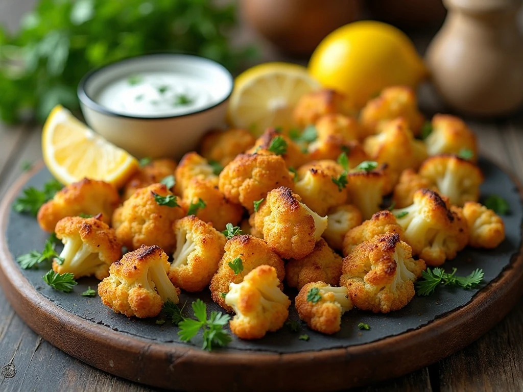 Golden turmeric cumin roasted cauliflower bites served with lemon and yogurt dip
